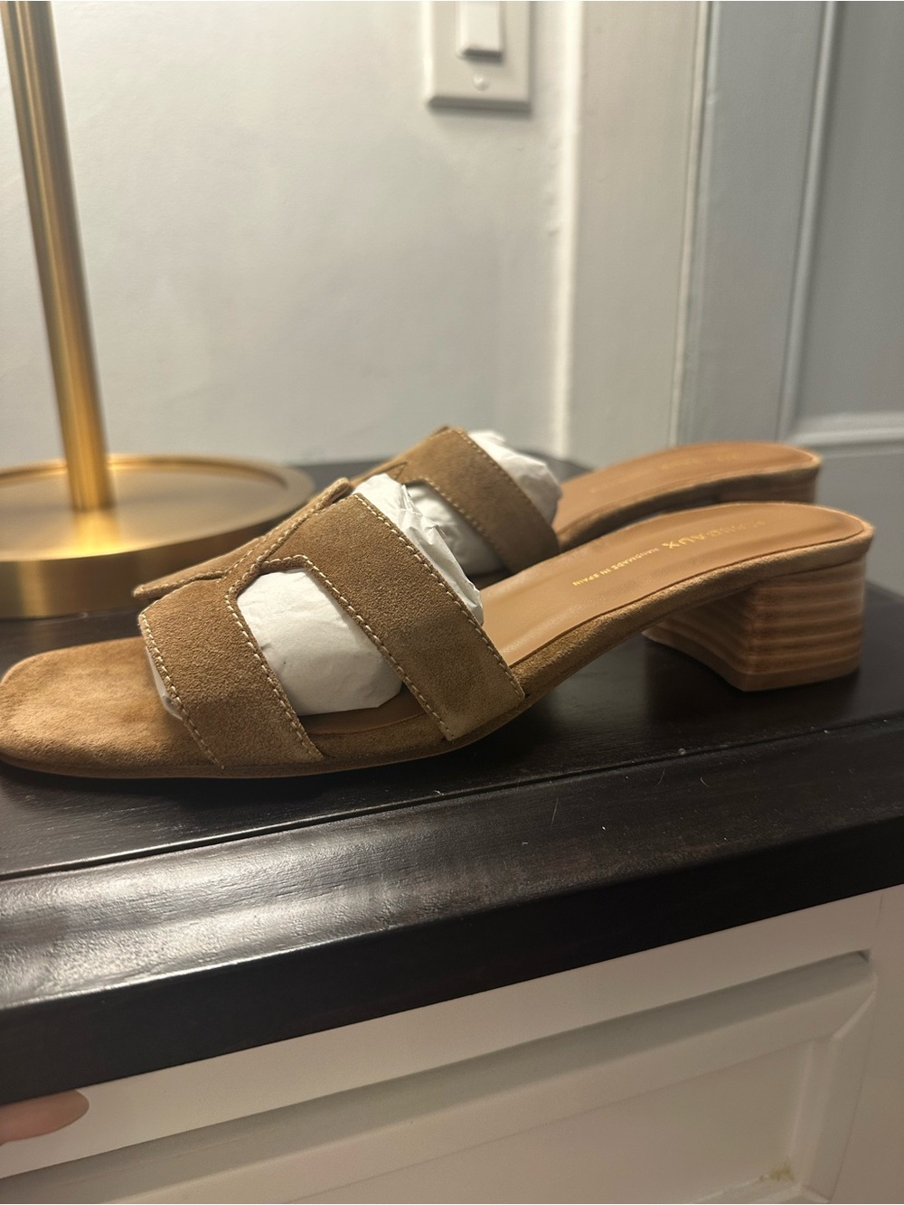 Margaux Tan Suede Crisscross Block Heel Slides - Picture 2 of 7